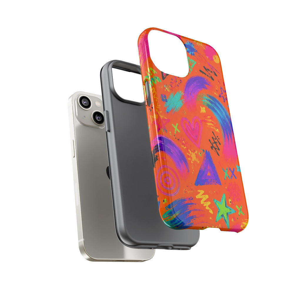 Colorful Neon Doodle Phone Case — Bright Abstract Stars & Hearts Tough Case