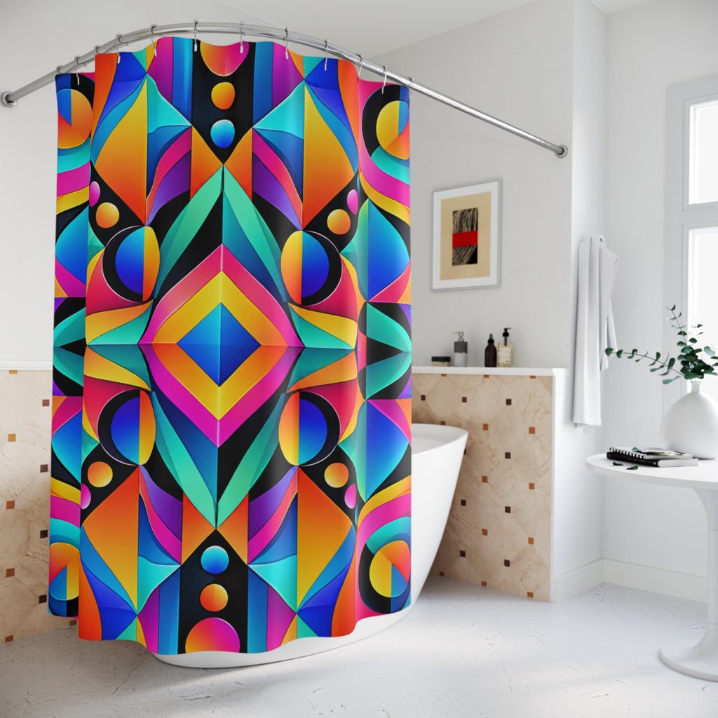Geometric Neon Shower Curtain — Vibrant Retro Abstract Bathroom Decor