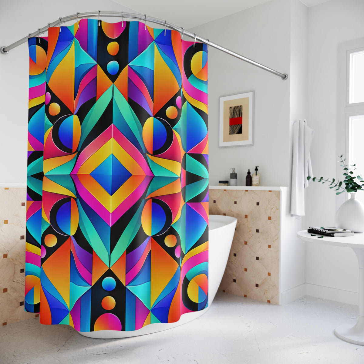 Geometric Neon Shower Curtain — Vibrant Retro Abstract Bathroom Decor