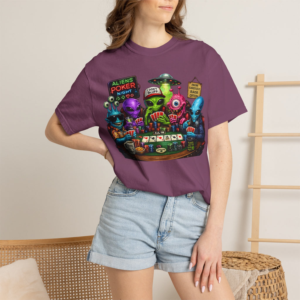 Aliens Poker Night T-shirt | Funny UFO Casino Card Game Design