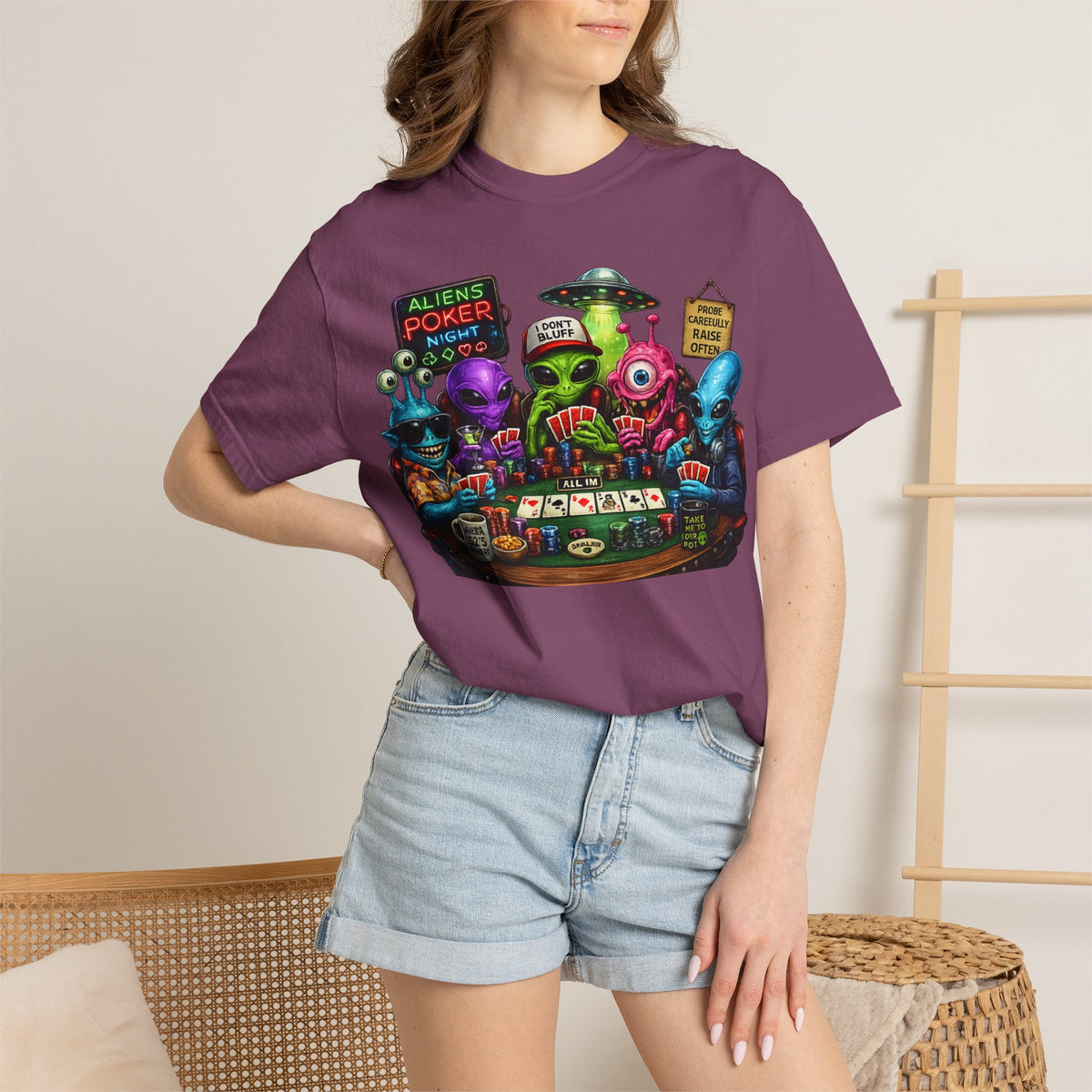 Aliens Poker Night T-shirt | Funny UFO Casino Card Game Design