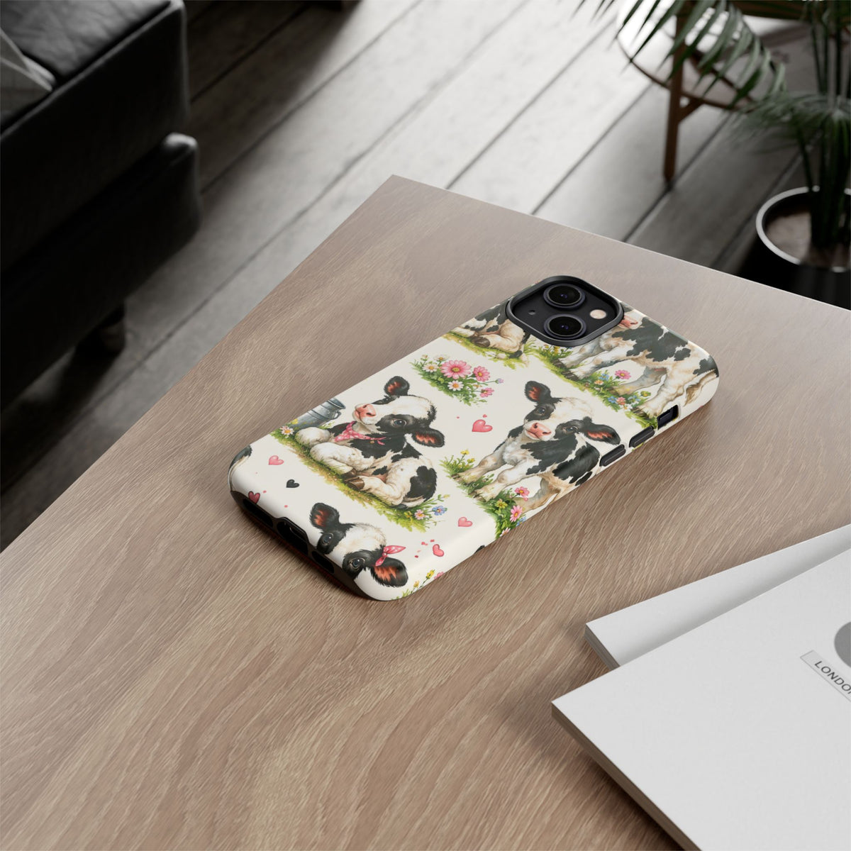 Cute Calf Pattern Phone Case – Pastel Cow Hearts & Flowers Protective Cover