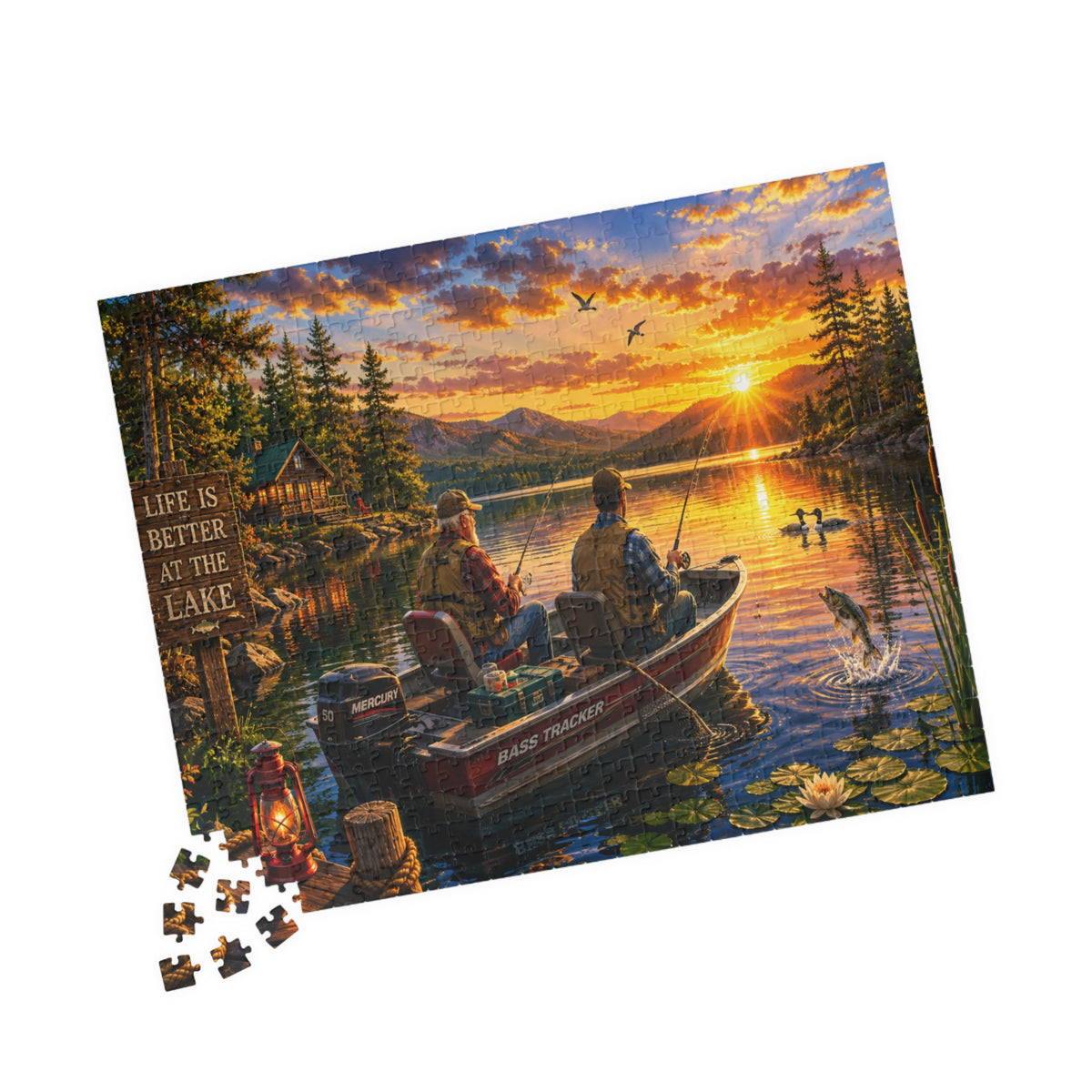Lake Sunset Fishing Puzzle — "Life Is Better at the Lake" Scenic Jigsaw (110–1014 pcs)