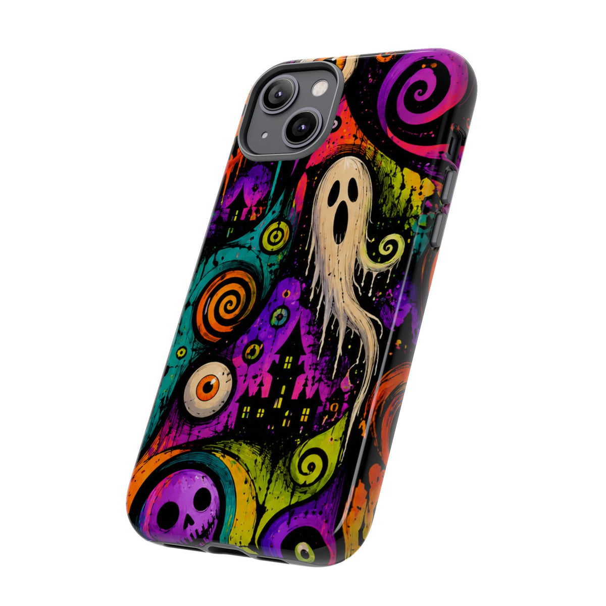 Halloween Ghost Phone Case — Colorful Spooky Skull & Haunted House Tough Case