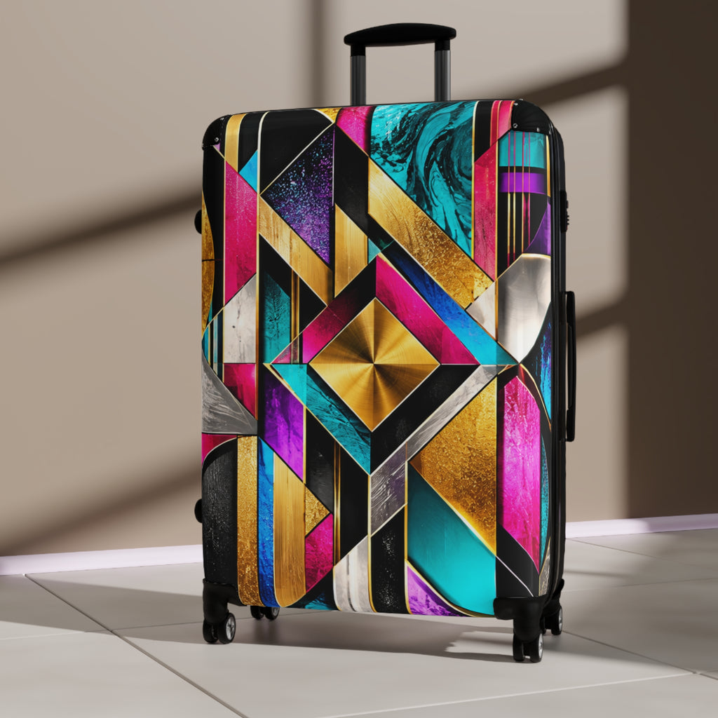 Geometric Glam Carry-On Suitcase – Bold Gold, Teal & Magenta Art Deco Design