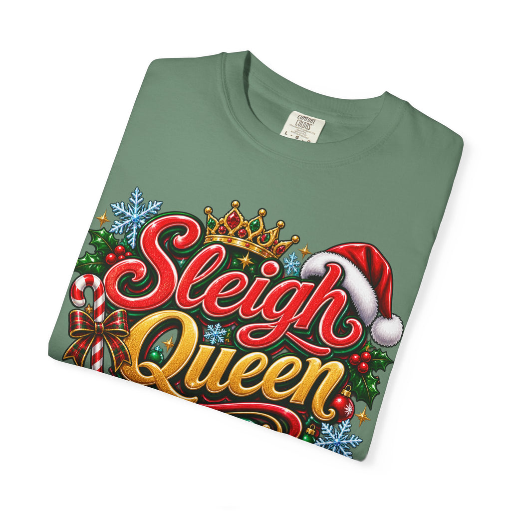 Sleigh Queen T-Shirt — Festive Christmas Holiday Tee with Santa Hat & Candy Cane Design