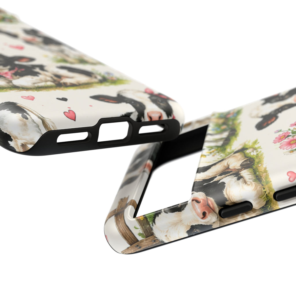 Cute Calf Pattern Phone Case – Pastel Cow Hearts & Flowers Protective Cover