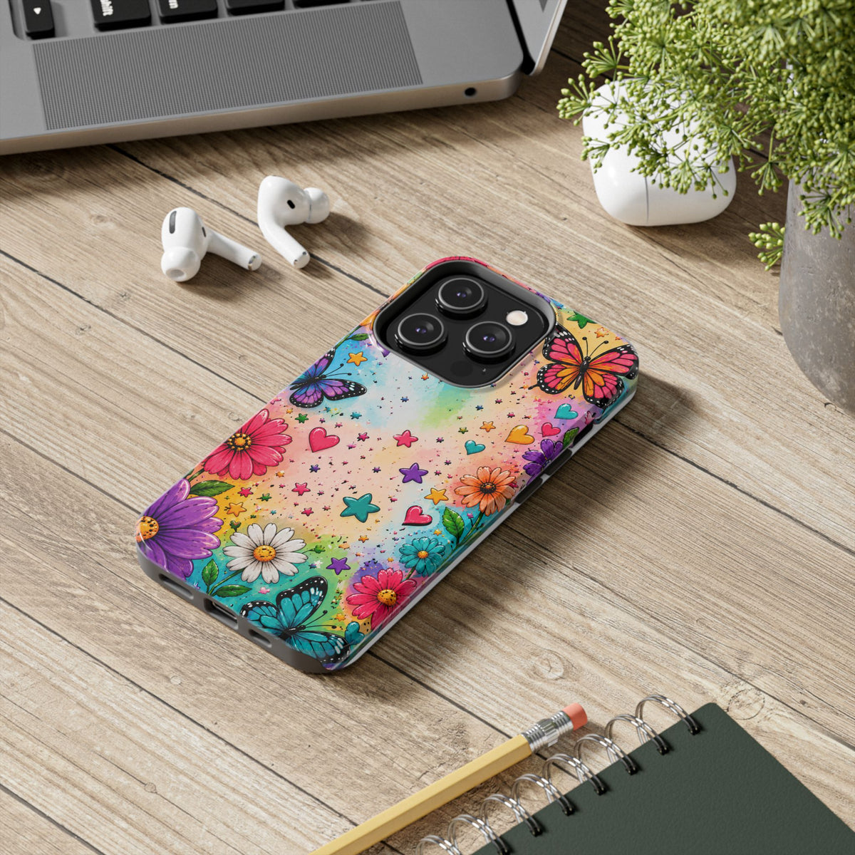Colorful Butterflies and Flowers Tough Phone Case | Rainbow Hearts Stars