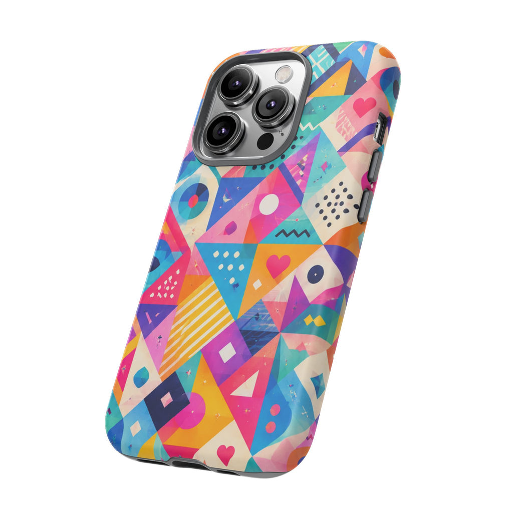 Colorful Geometric Tough Phone Case — Bright Abstract Heart & Triangle Pattern