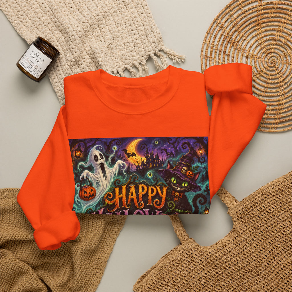 Happy Halloween Crewneck Sweatshirt — Spooky Pumpkin & Ghosts Halloween Sweater