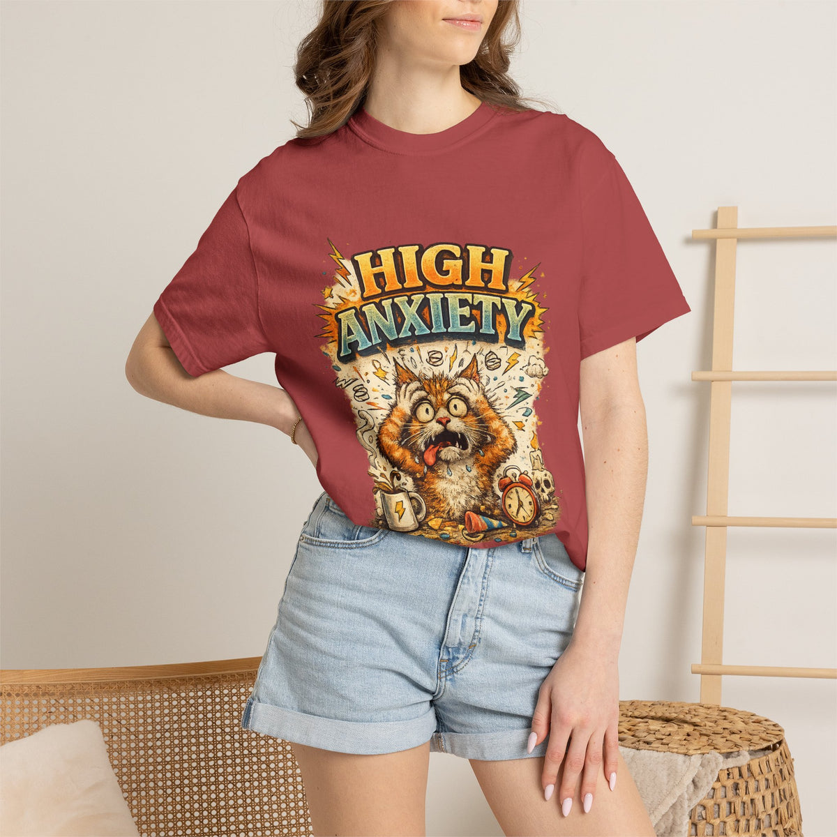 High Anxiety Cat Illustration T-shirt | Nervous Kitty Graphic Tee