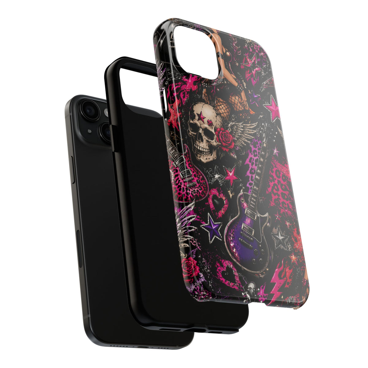 Rock Skull Guitar Phone Case — Edgy Pink Skull & Roses Tough Phone Case