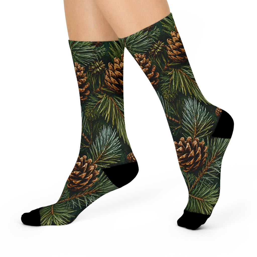 Pinecone & Evergreen Cushioned Crew Socks — Cozy Holiday Nature Print