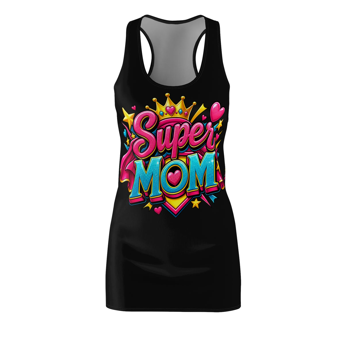Super Mom graphic Racerback Dress | Colorful Crown Heart Stars