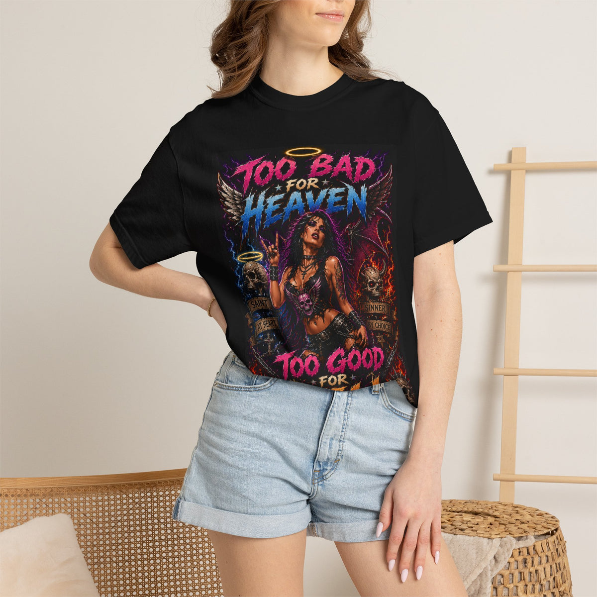 Too Bad for Heaven Too Good for Hell T-Shirt | Devil Angel Graphic