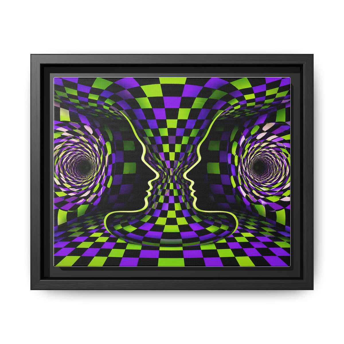 Framed Psychedelic Illusion Art Print — Abstract Checkerboard Faces (Purple & Green)