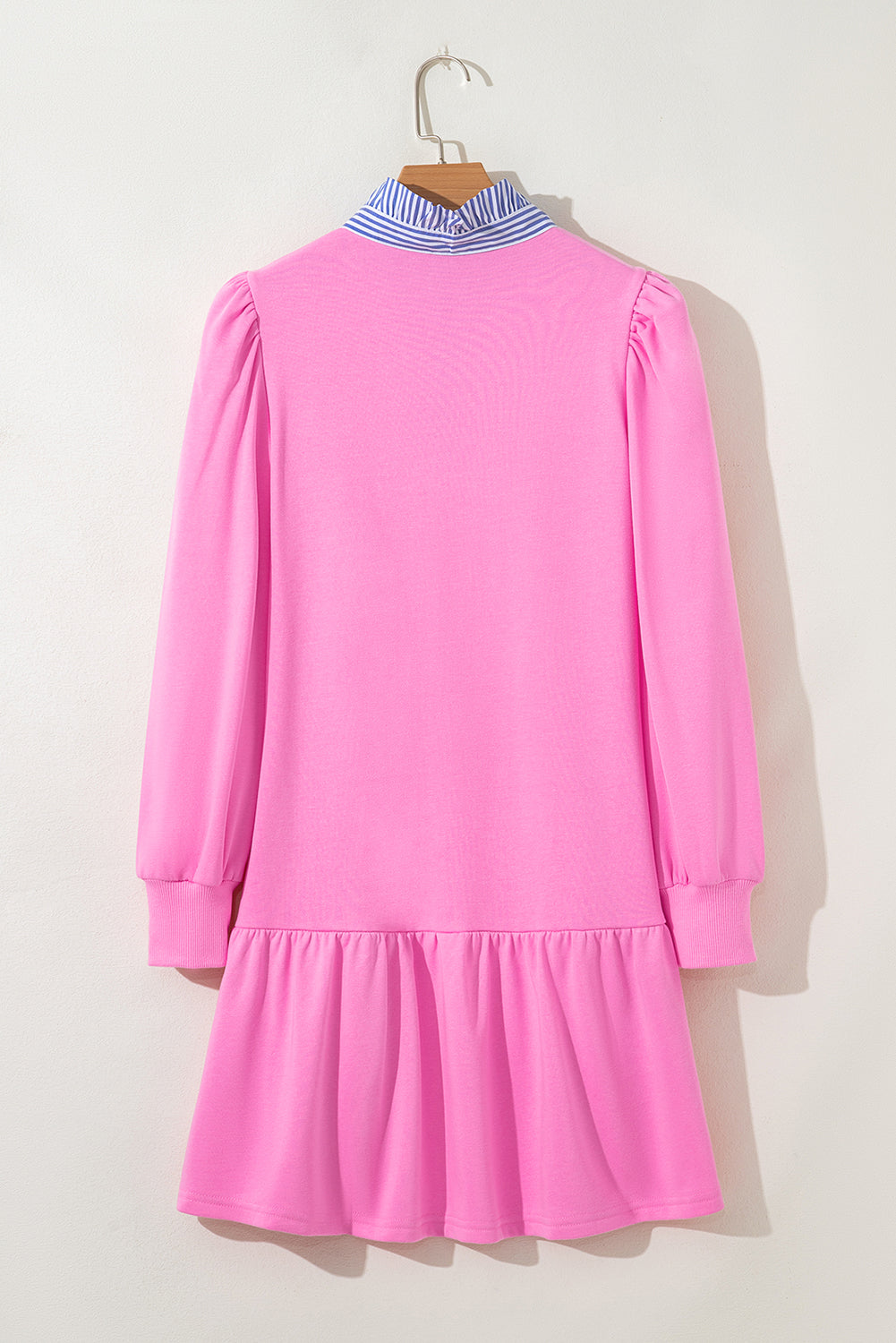 Stripe Contrast Collar Puff Sleeve Ruffle Mini Dress