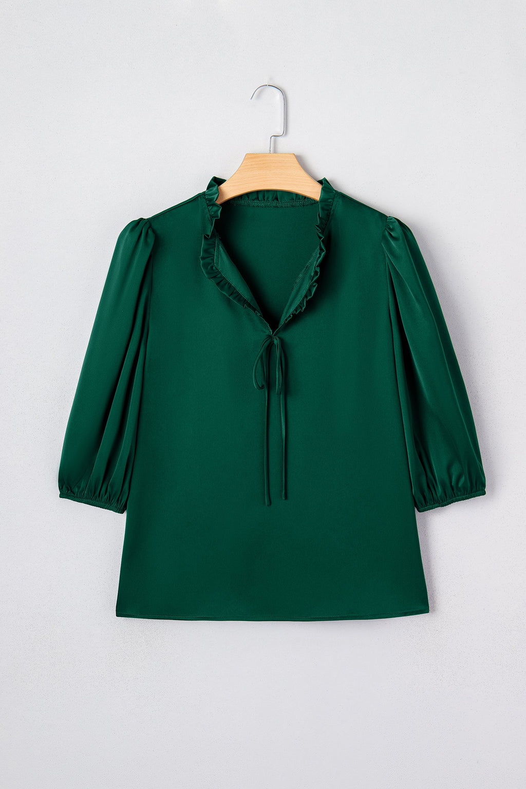 Solid Frilled Bow Tie V-Neck 3/4 Sleeve Blouse