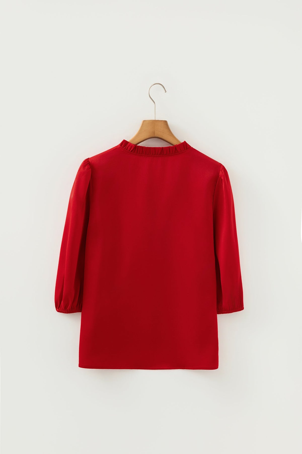 Solid Frilled Bow Tie V-Neck 3/4 Sleeve Blouse