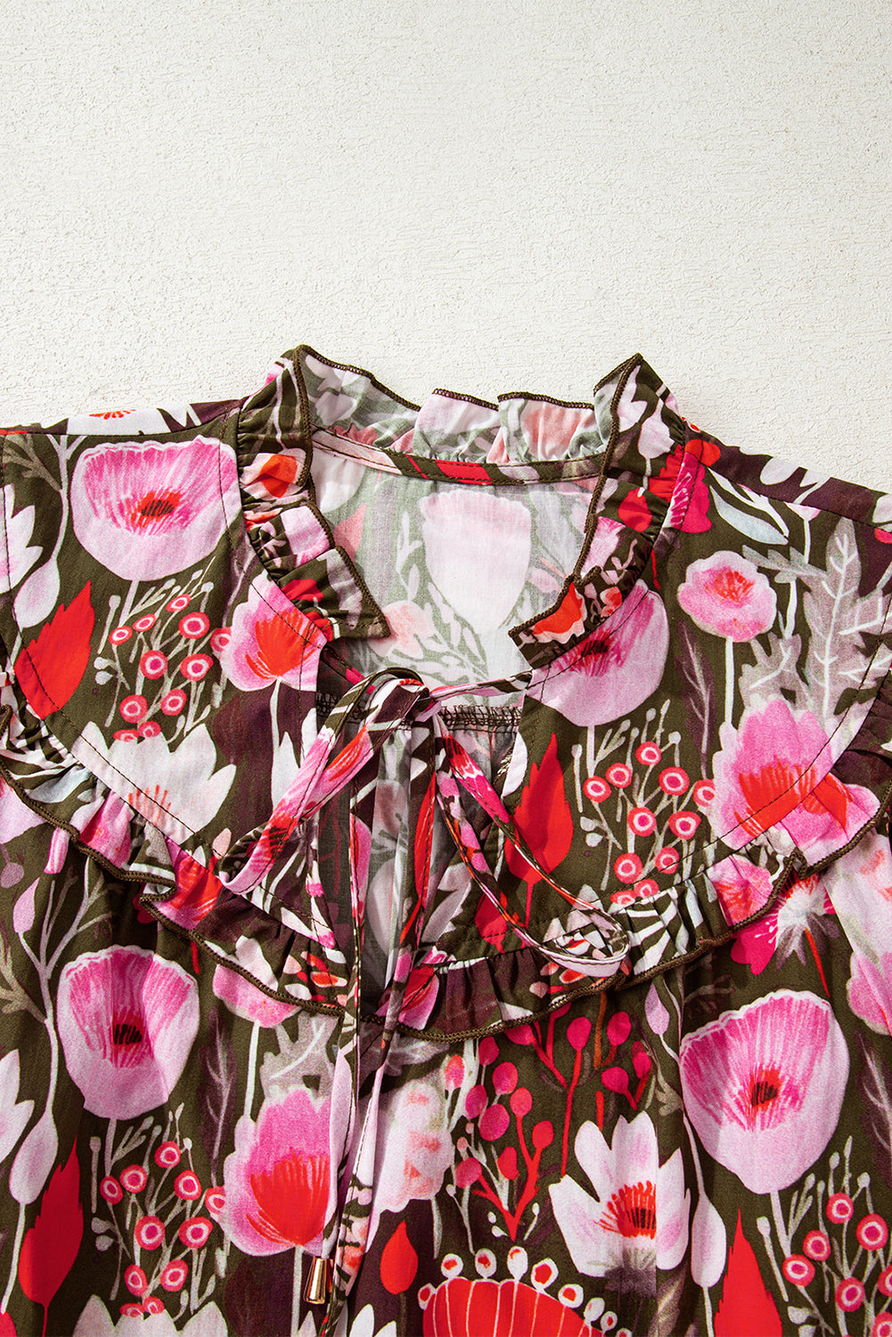 Floral 3/4 Sleeve Lace-Up Neck Blouse