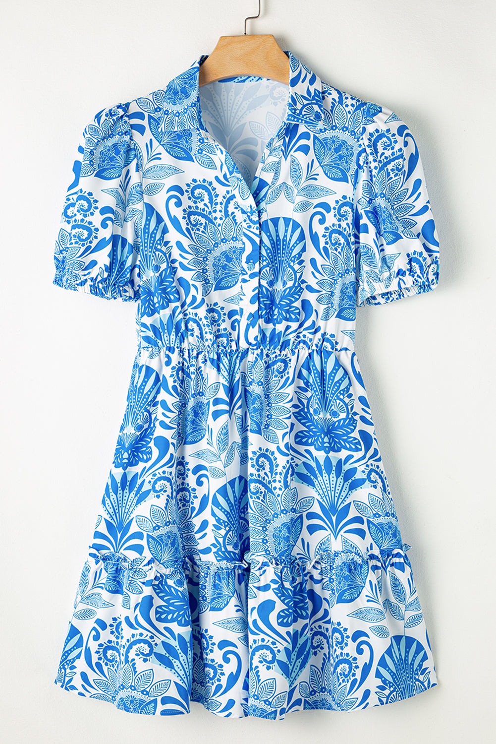 Floral Half-Button Front Collared Ruffle Mini Dress