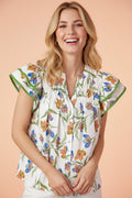 Floral Ruffle Sleeve Pleated Button Up V-Neck Blouse