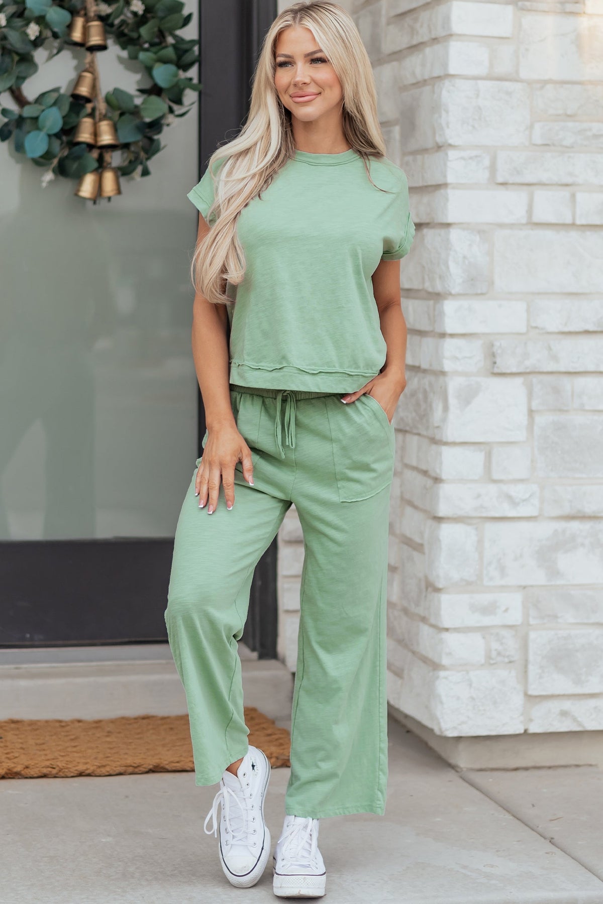 Solid Short Sleeve Tee and Drawstring Pants Set
