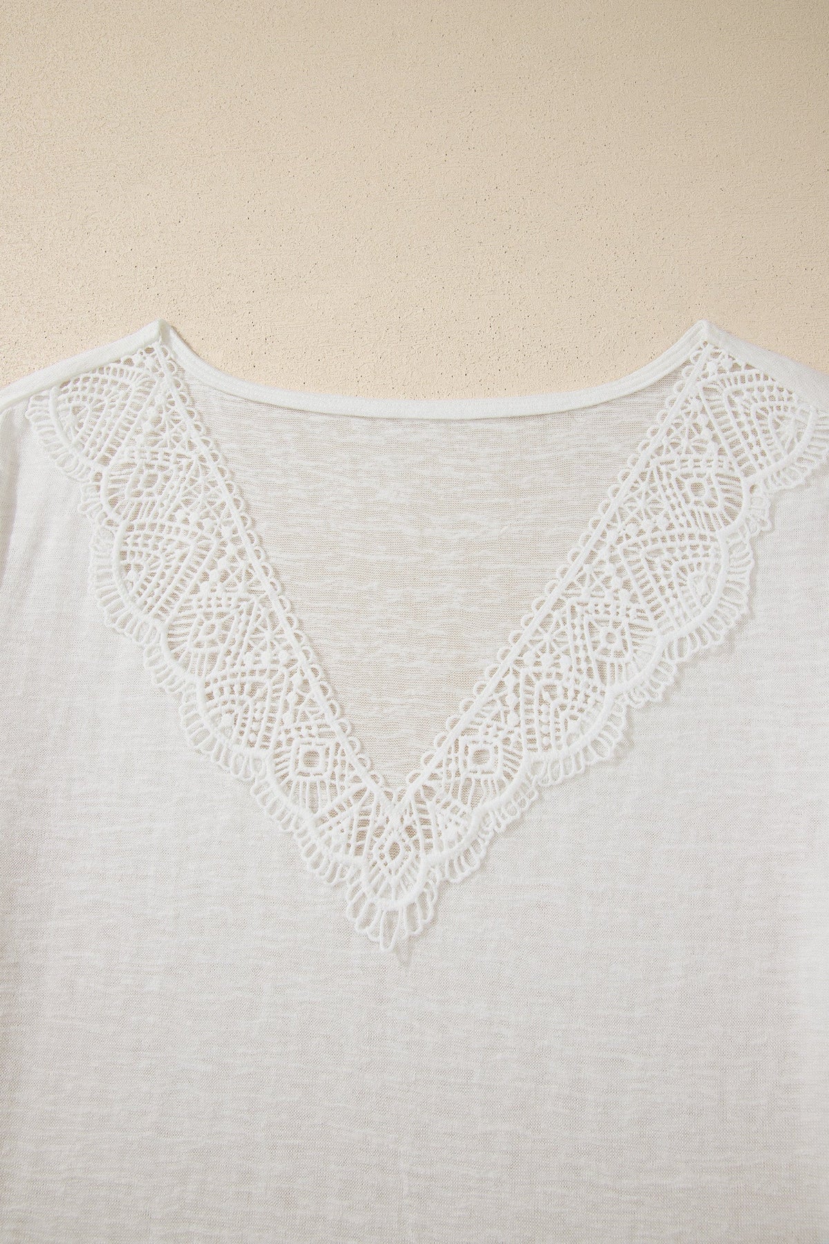 Solid Hollowed Lace Trim V-Neck T-Shirt