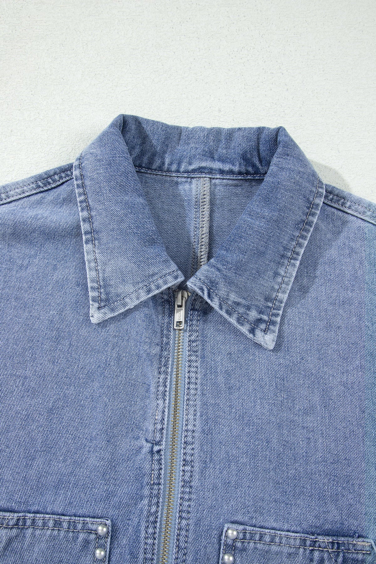 Denim Studded Pockets Zip-Up Long Sleeve Jacket