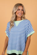 Stripe Contrast Trim Short Sleeve Top