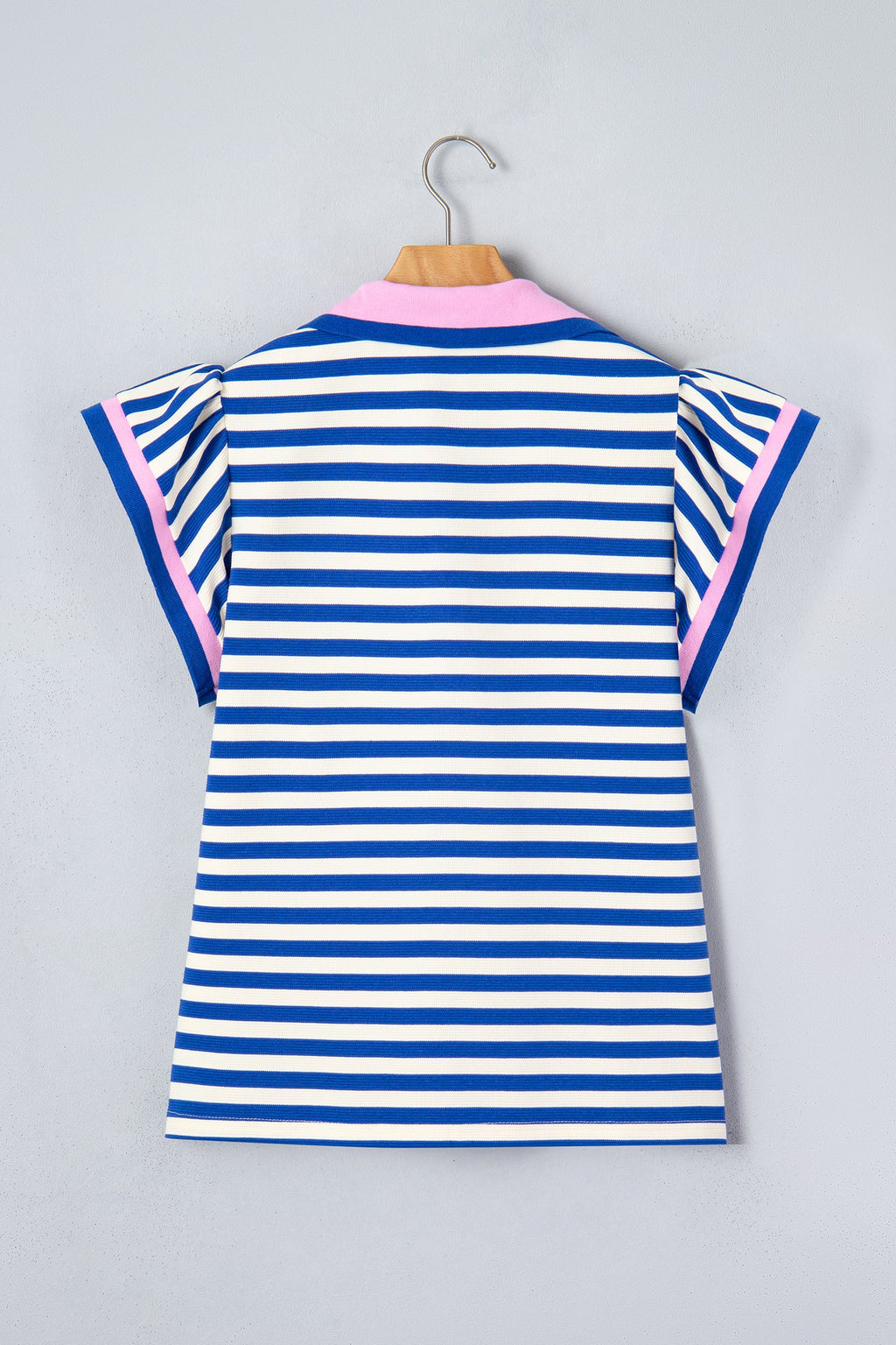 Stripe Contrast Trim Polo Collar Ruffle Sleeve Blouse