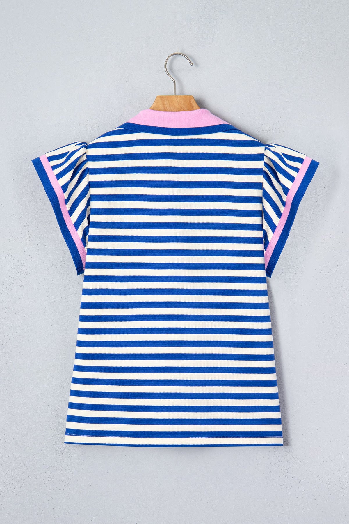 Stripe Contrast Trim Polo Collar Ruffle Sleeve Blouse
