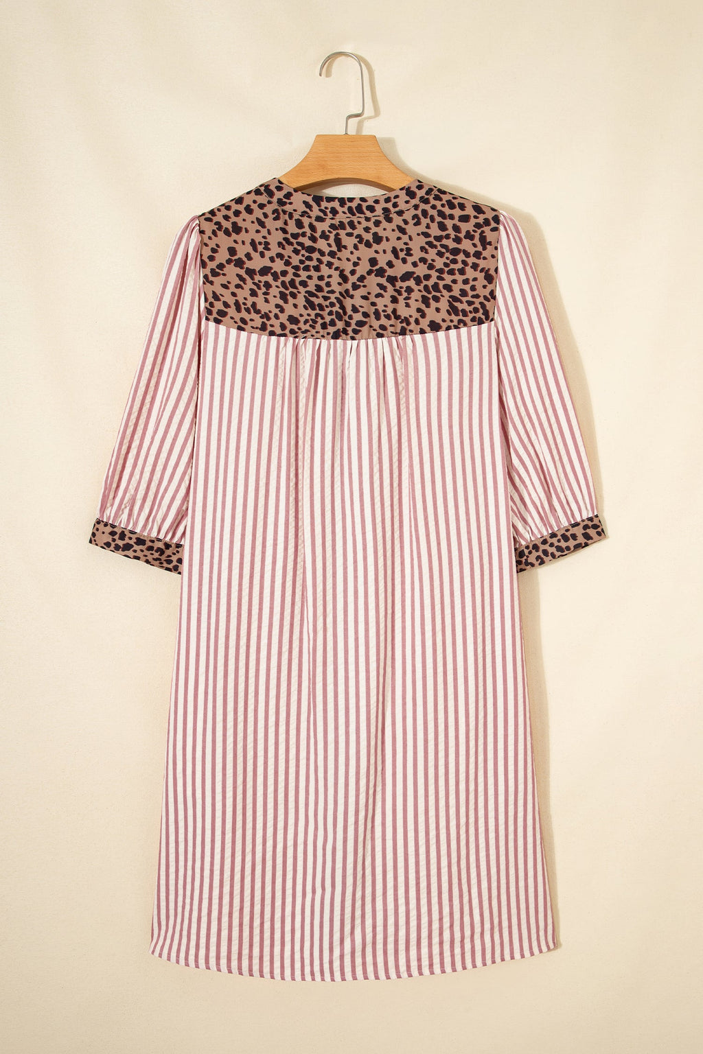 Stripe Leopard Trim 3/4 Sleeve Shirt Dress