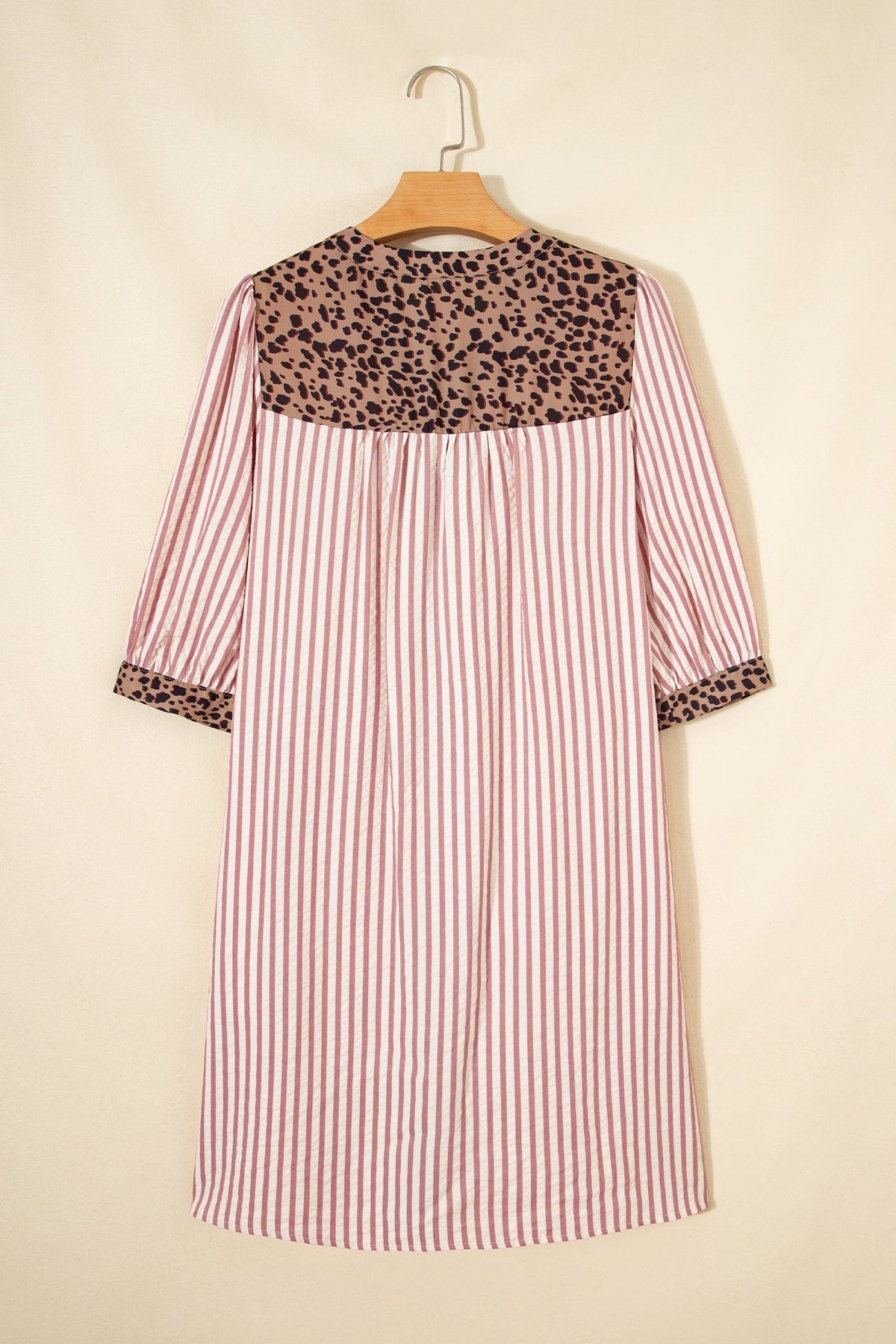 Stripe Leopard Trim 3/4 Sleeve Shirt Dress
