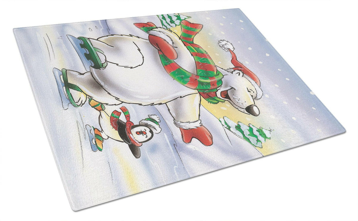 Holiday Polar Bears Ice Skating Cutting Board Tempered Glass Kitchen Cutting Surface, Heat Resistant Chopping, Non-Slip Feet, Food Prep & Serving