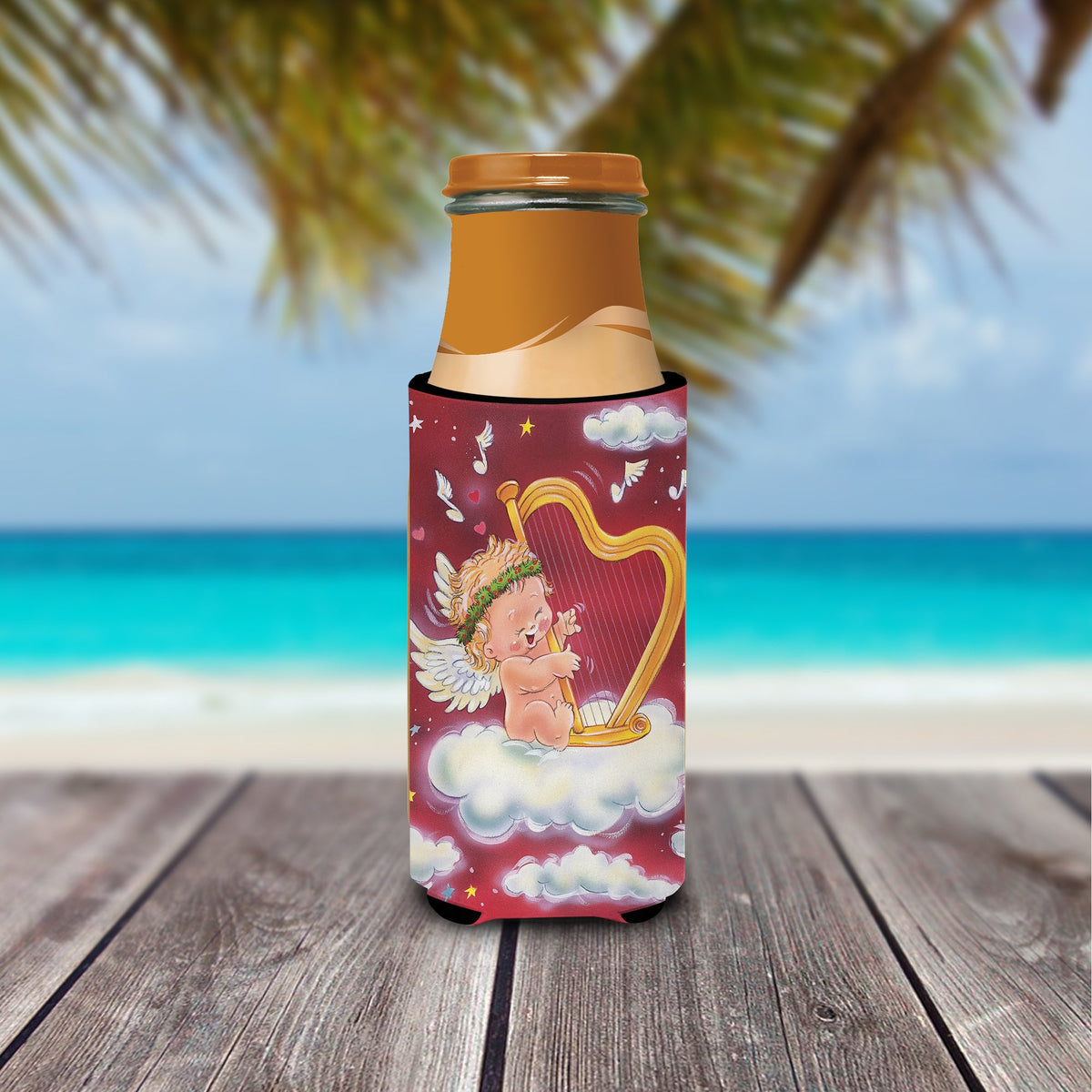 Angels with Harp Valentine's Slim Can Hugger , Insulated Foam Hugger for 12 oz Slim Cans, Beer Bottles & Water Bottles, Printed in USA