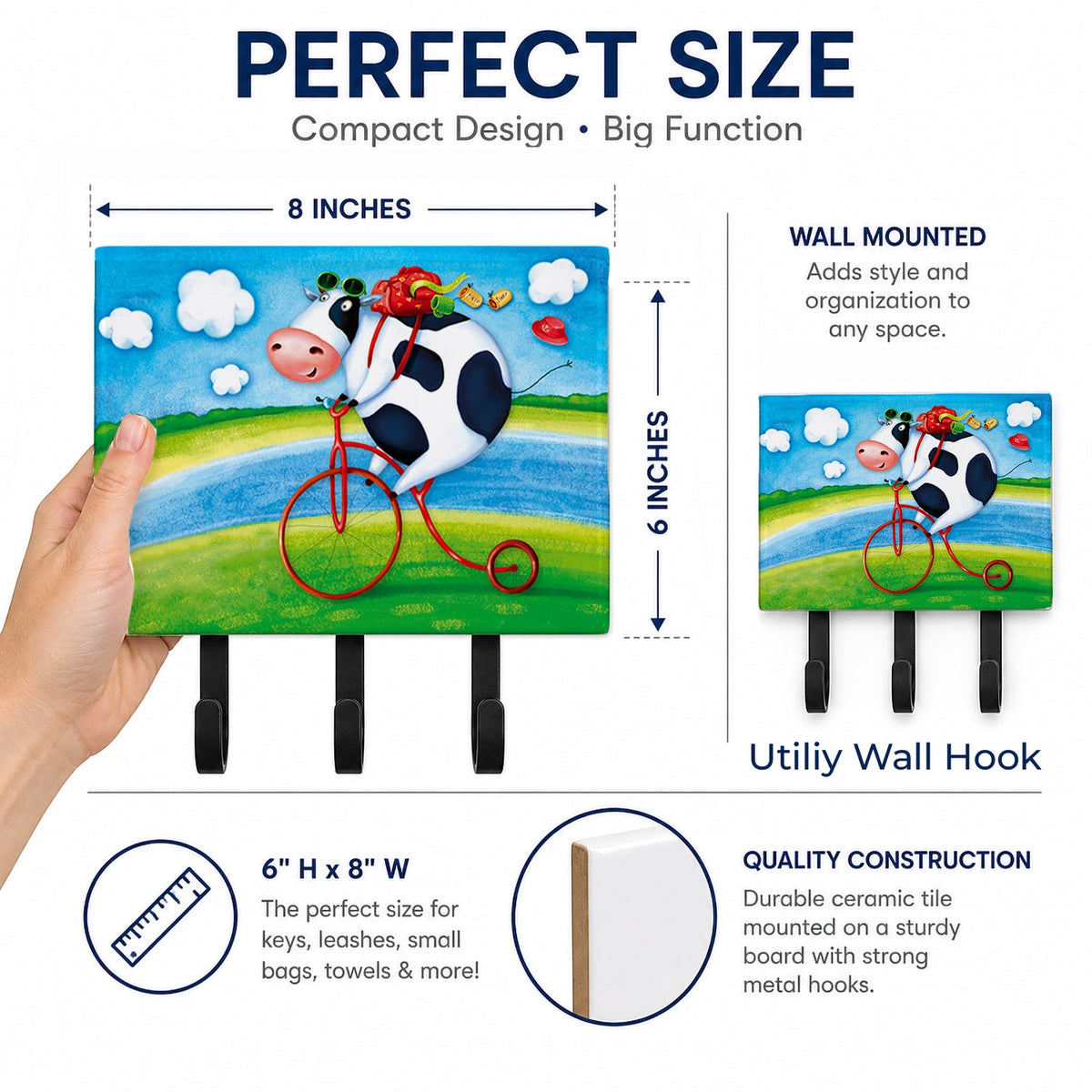 Cow riding Bicycle Leash or Key Holder Wall Hooks, Coat Rack Wall Mount, for Hanging Keys, Towels, Aprons, Leashes