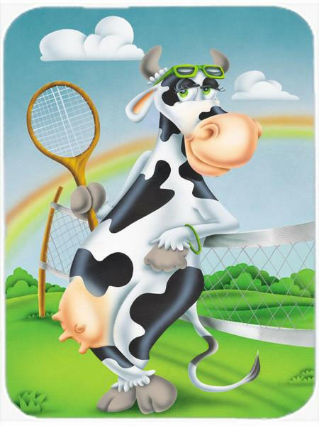 Cow playing Tennis Cutting Board Tempered Glass Kitchen Cutting Surface, Heat Resistant Chopping, Non-Slip Feet, Food Prep & Serving