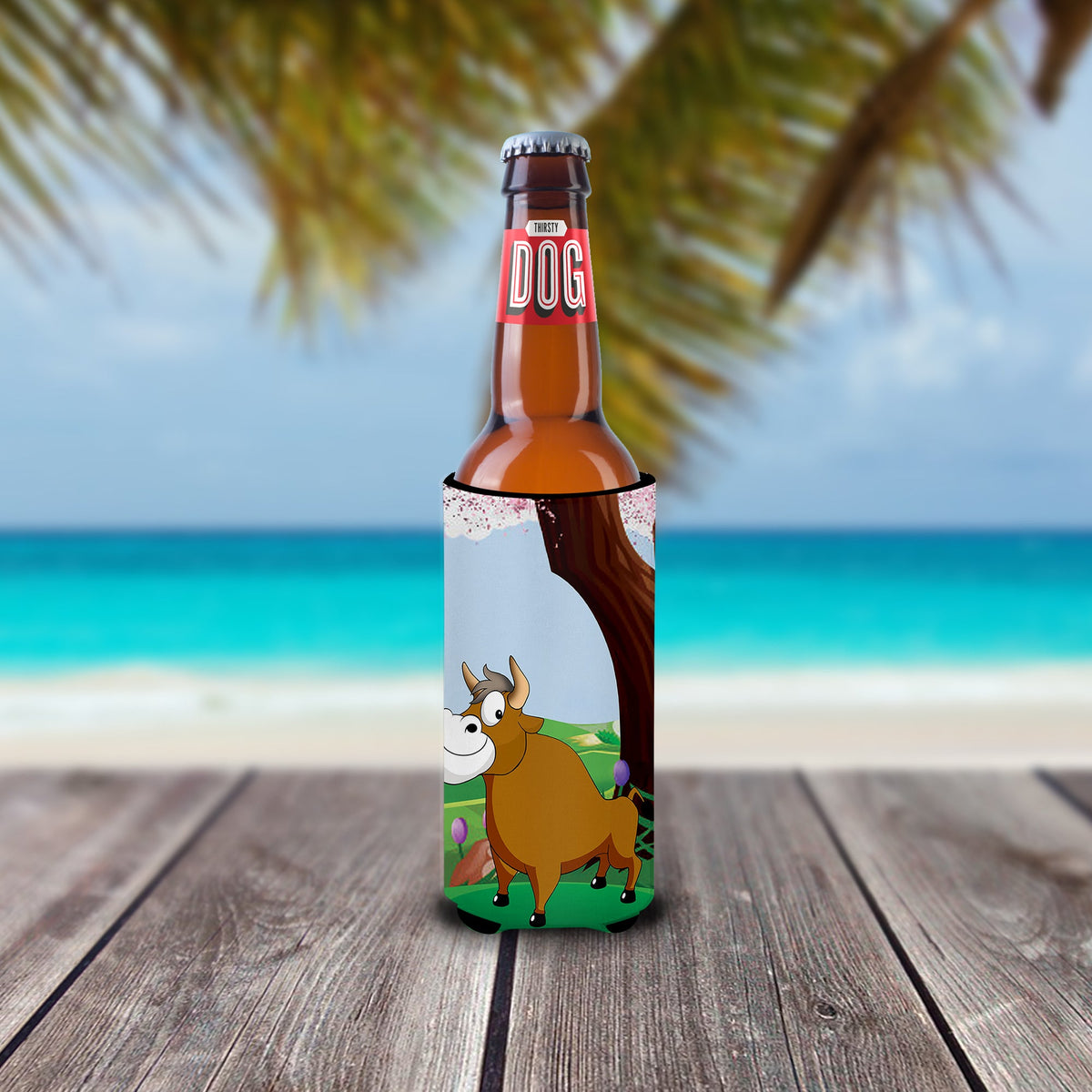 Bull under the Tree Slim Can Hugger , Insulated Foam Hugger for 12 oz Slim Cans, Beer Bottles & Water Bottles, Printed in USA