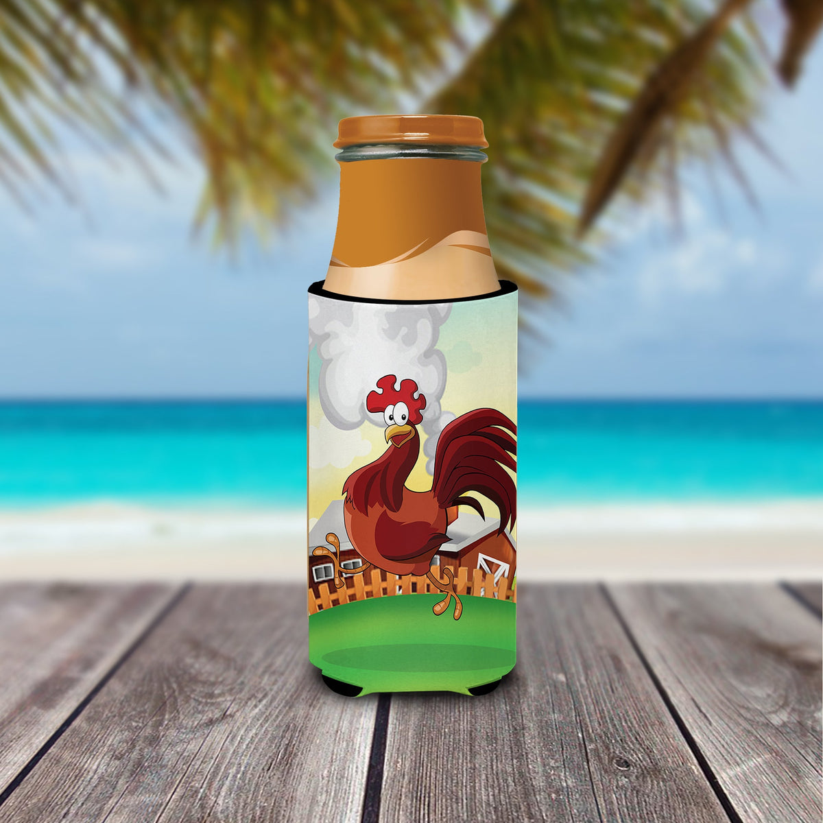 Rooster Chicken on the Run Slim Can Hugger , Insulated Foam Hugger for 12 oz Slim Cans, Beer Bottles & Water Bottles, Printed in USA