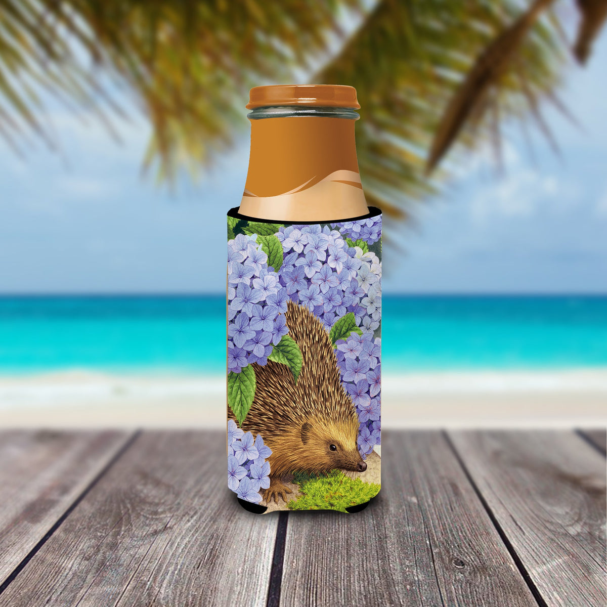 Hedgehog & Hydrangea Slim Can Hugger , Insulated Foam Hugger for 12 oz Slim Cans, Beer Bottles & Water Bottles, Printed in USA