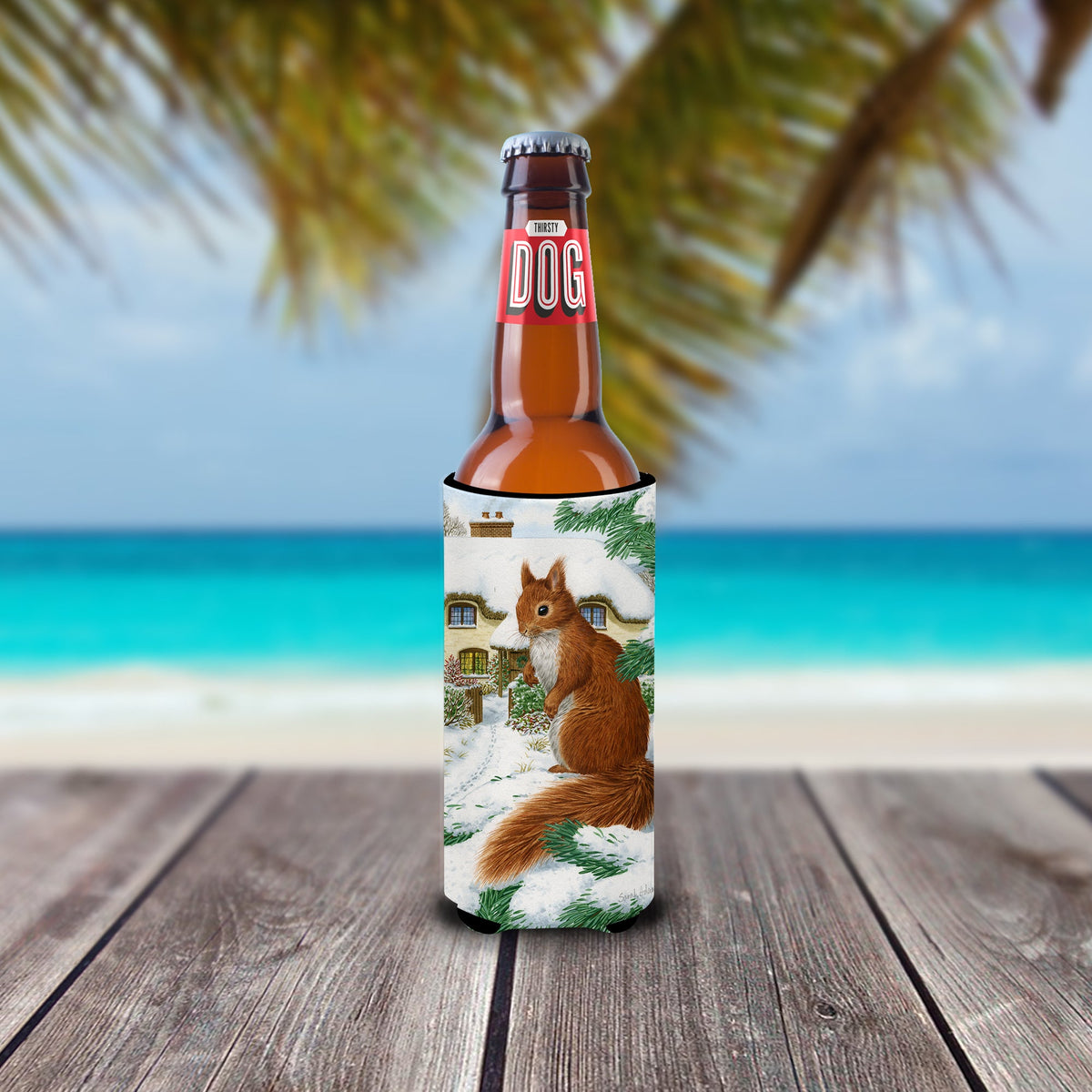 Red Squirrel & Cottage Slim Can Hugger , Insulated Foam Hugger for 12 oz Slim Cans, Beer Bottles & Water Bottles, Printed in USA