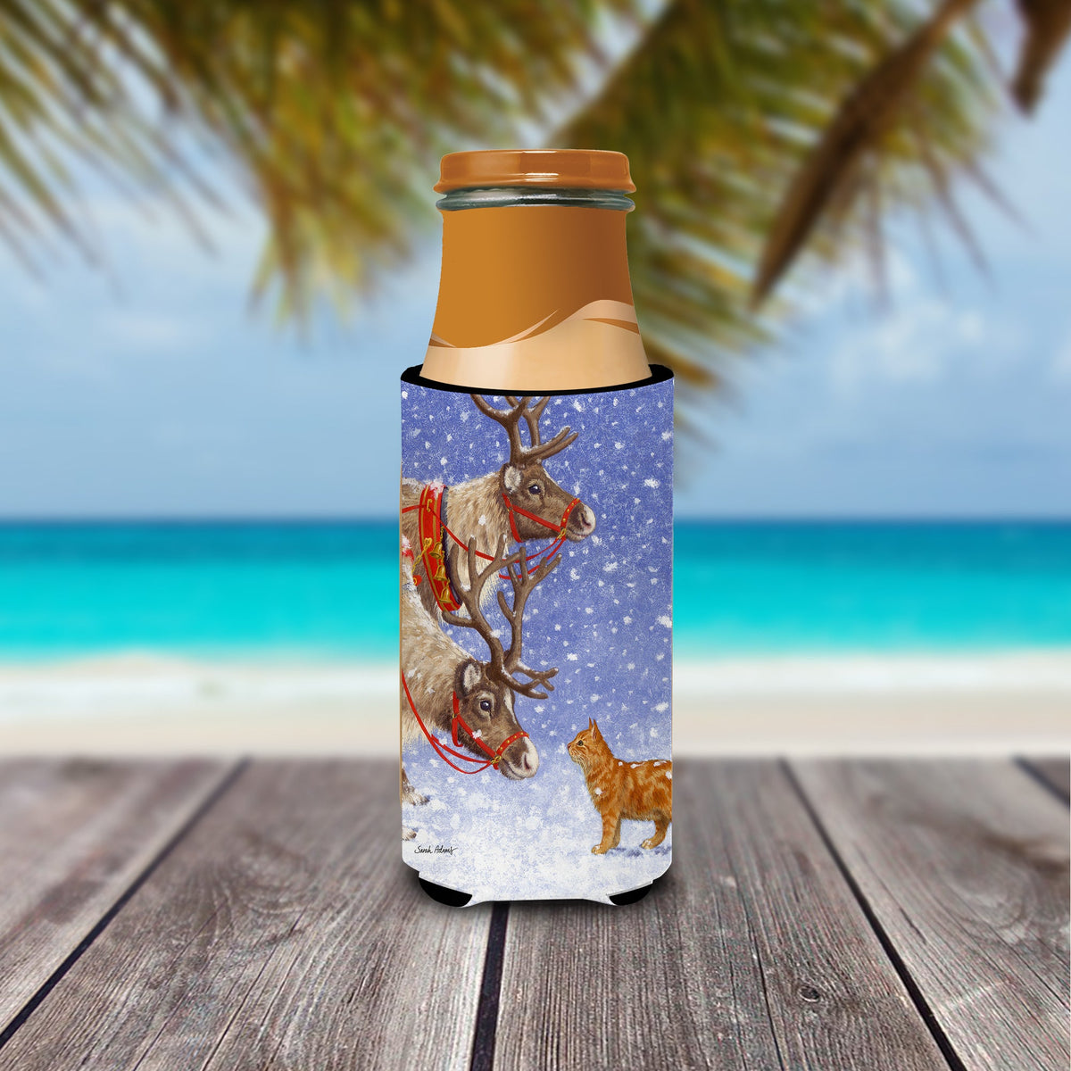 Reindeers & Cat Slim Can Hugger , Insulated Foam Hugger for 12 oz Slim Cans, Beer Bottles & Water Bottles, Printed in USA