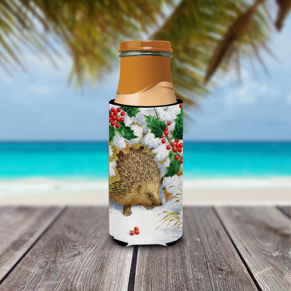 Hedgehog and Holly Slim Can Hugger , Insulated Foam Hugger for 12 oz Slim Cans, Beer Bottles & Water Bottles, Printed in USA