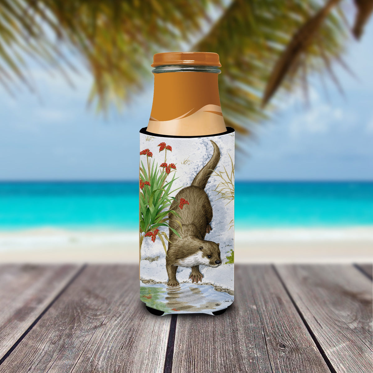 Otter by the Water Slim Can Hugger , Insulated Foam Hugger for 12 oz Slim Cans, Beer Bottles & Water Bottles, Printed in USA