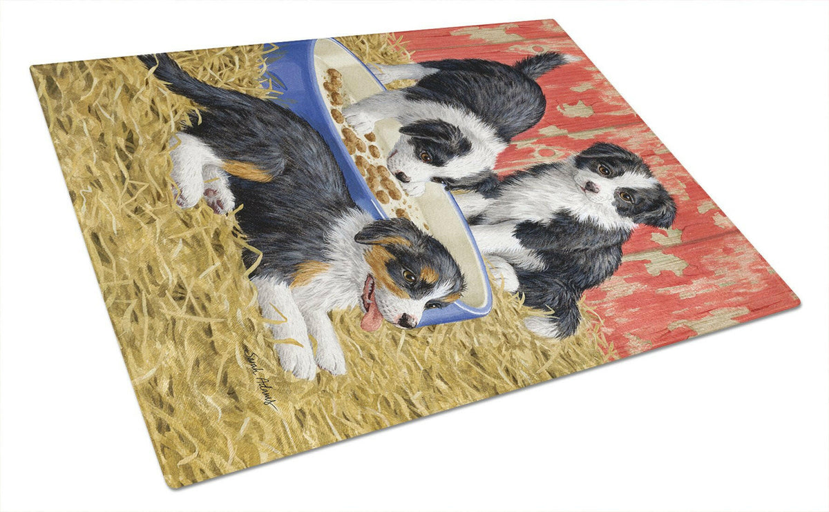 Border Collie Pups Cutting Board Tempered Glass Kitchen Cutting Surface, Heat Resistant Chopping, Non-Slip Feet, Food Prep & Serving