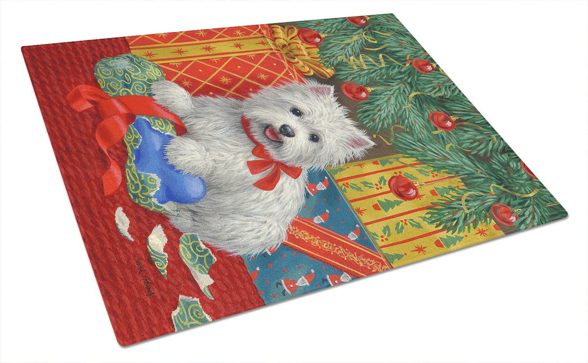 Westie Christmas Packages Cutting Board Tempered Glass Kitchen Cutting Surface, Heat Resistant Chopping, Non-Slip Feet, Food Prep & Serving