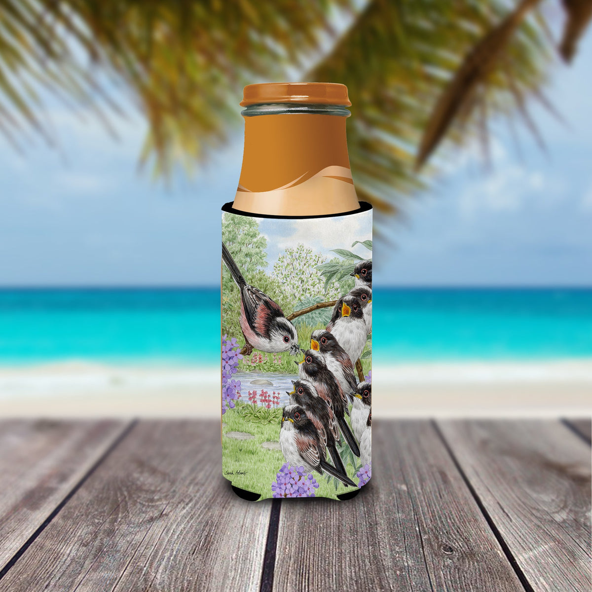 Long Tailed Tits Slim Can Hugger , Insulated Foam Hugger for 12 oz Slim Cans, Beer Bottles & Water Bottles, Printed in USA