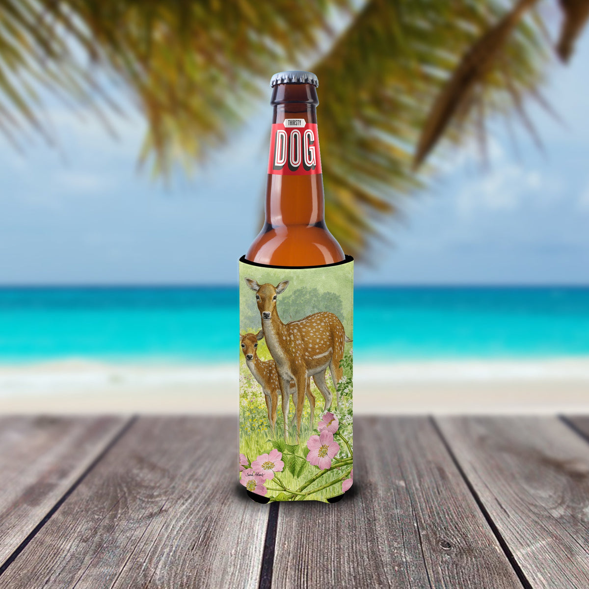 Fallow Deer & Calf Slim Can Hugger , Insulated Foam Hugger for 12 oz Slim Cans, Beer Bottles & Water Bottles, Printed in USA