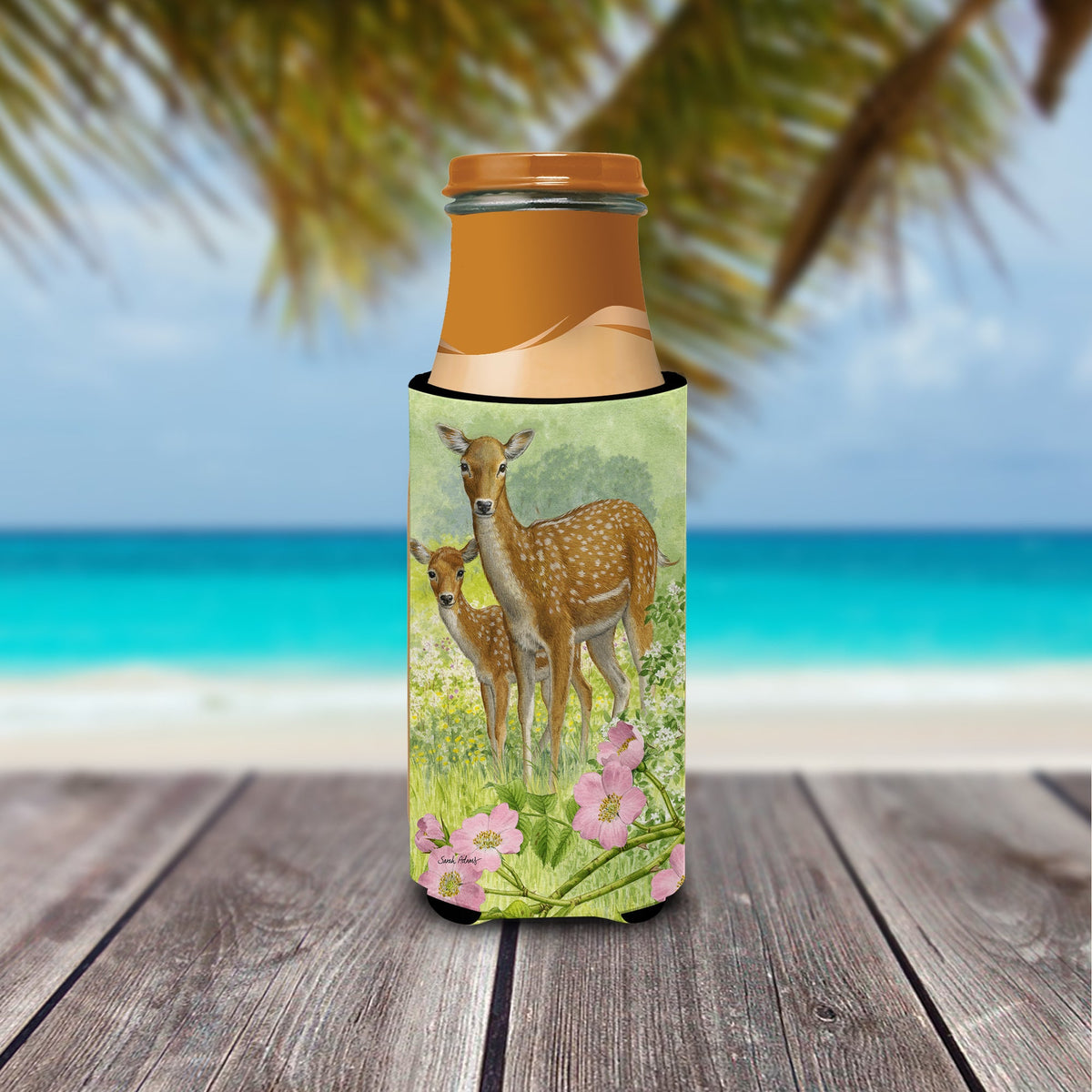 Fallow Deer & Calf Slim Can Hugger , Insulated Foam Hugger for 12 oz Slim Cans, Beer Bottles & Water Bottles, Printed in USA